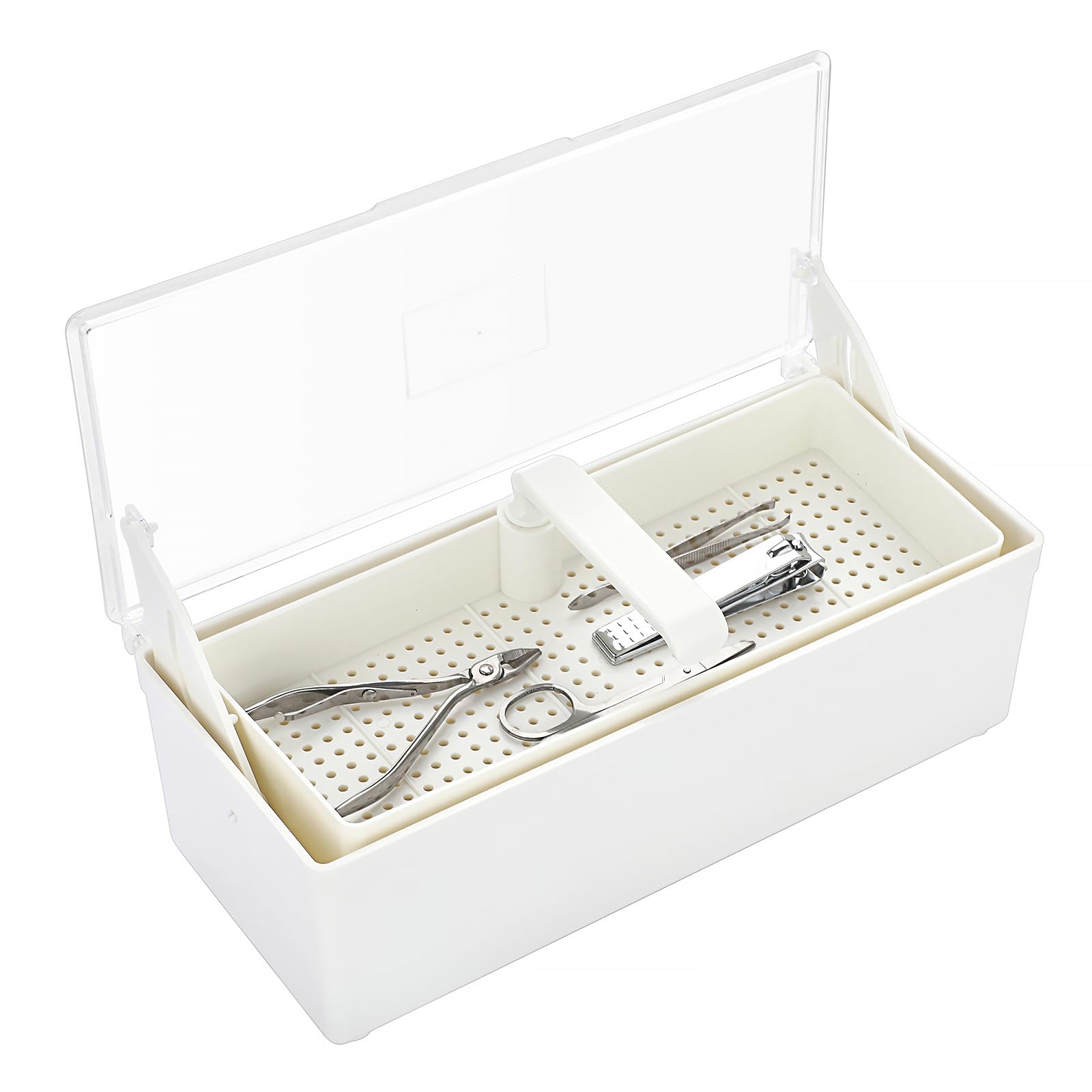 JUXYES Bandeja de esterilización de plástico para accesorios de arte de uñas, bandeja esterilizadora portátil con colador, caja de almacenamiento para pinzas, herramientas de manicura, herramienta de