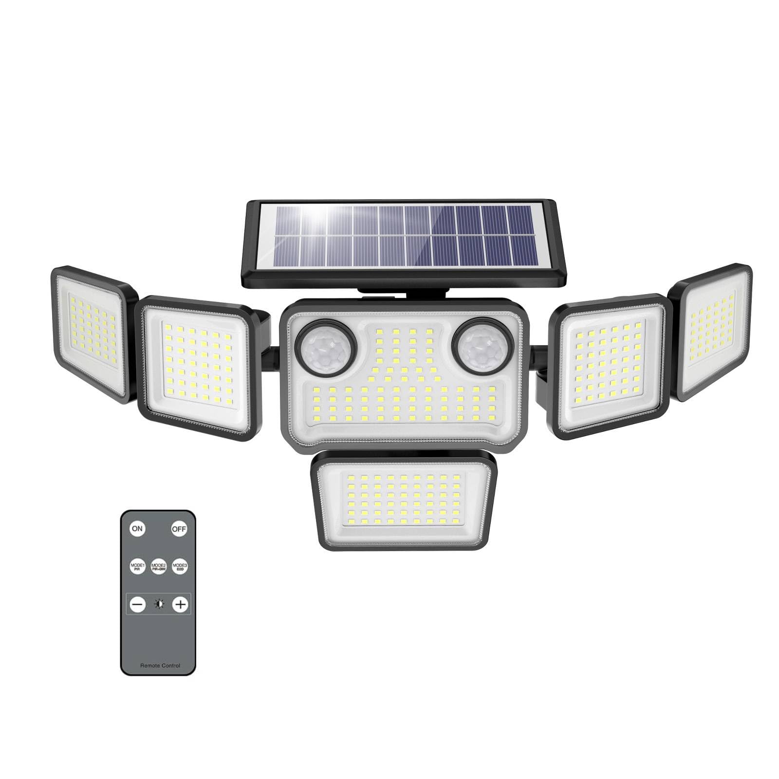 Luces solares con sensor de movimiento dual para exteriores, 3000 lm, 6 cabezales ajustables, luces solares de pared de seguridad, IP65 impermeable y control remoto para graden, exterior, patio