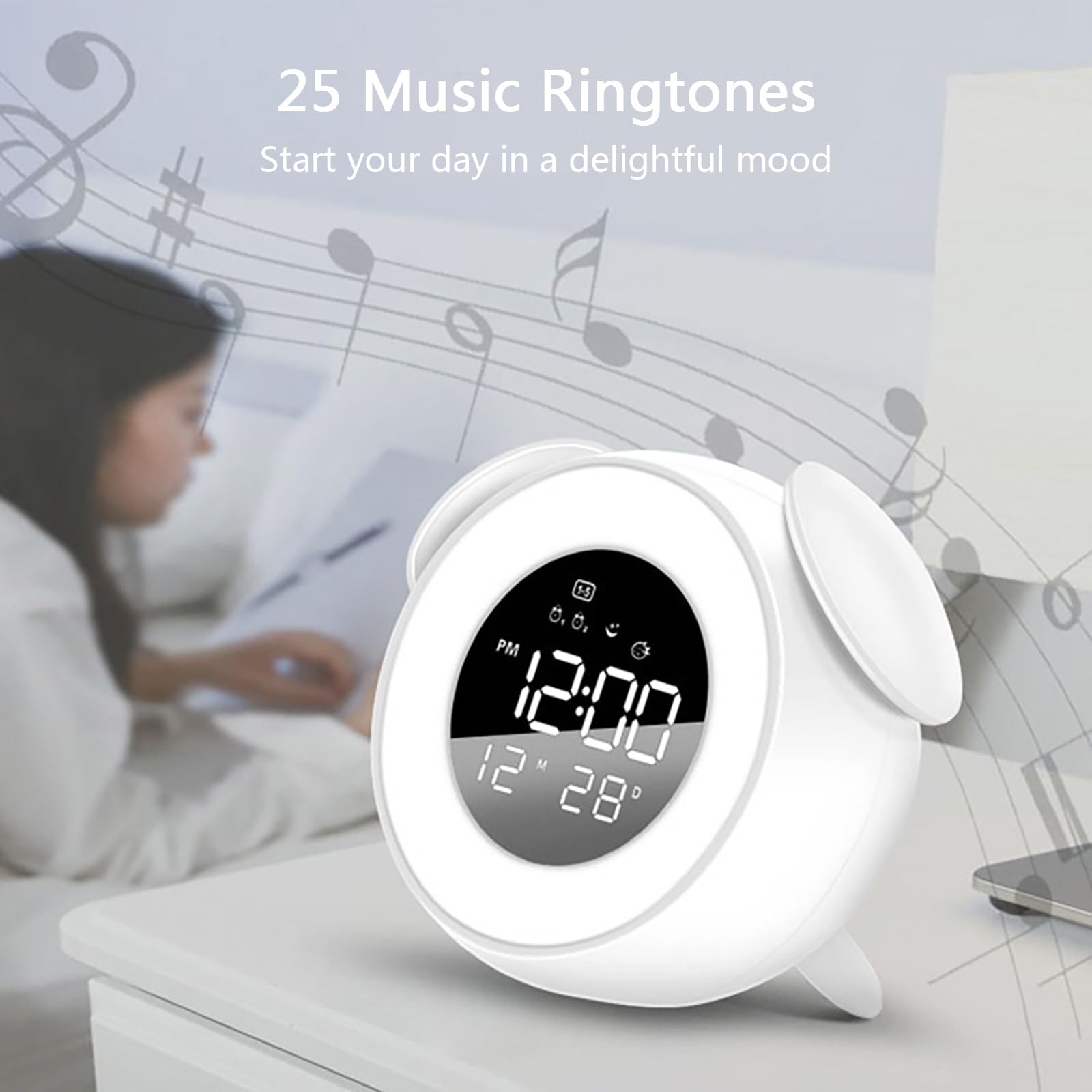 Despertador con Luz Simuladora Del Amanecer y El Atardecer, 25 Sonidos Relajantes y Función De Repetición De Alarma, Diseño Bonito para Dormitorios Infantiles y Adultos