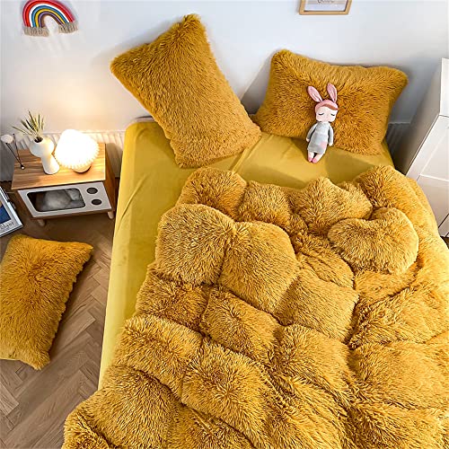 Chovy Faux Fur Plush Ginger Yellow Comforter Sets King - Ultra Soft Shaggy Flannel Velvet Fluffy Fuzzy 3Pc Bedding Set （Comforter X 1 Pillowcases X 2） #TOP2