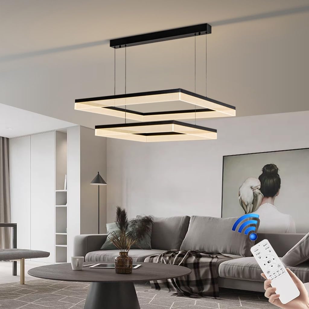 Stesulfr Modern chandelier aluminum LED large villa living room Pendant Light dimmable 120W black geometric shape stylish ceiling lamp suitable for living room bedroom dining room Hanging Lamp(60cm+40