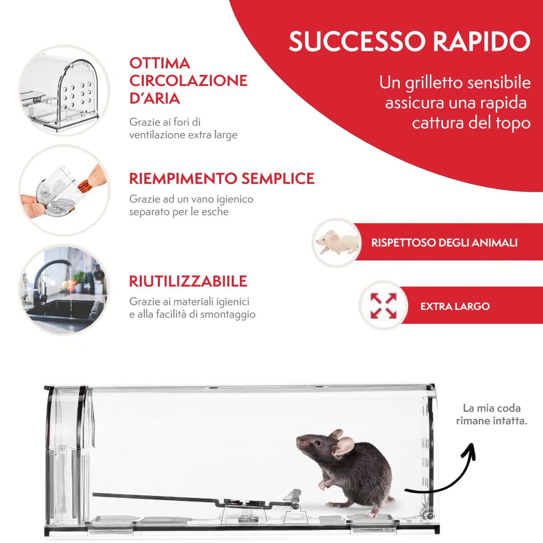PATTLER® Trappola per Topi Vivi - Trappole per topi da Esterno e Interno - Trappole topi utilizzabili con esche per topi di vario genere - Trappola per Topi Grandi e Piccoli topi - Transparente 1 Pz