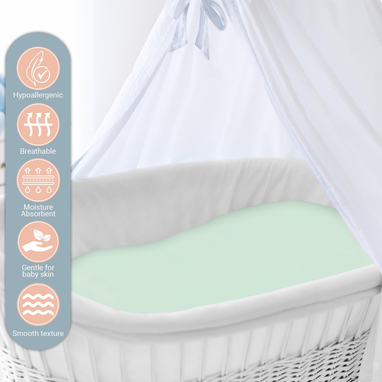Pizuna Crib Fitted Sheet 40 x 90 cm, Seafoam Sage, 400 Thread Count 100% Long Staple Cotton Fitted Bed Sheet - Image 2