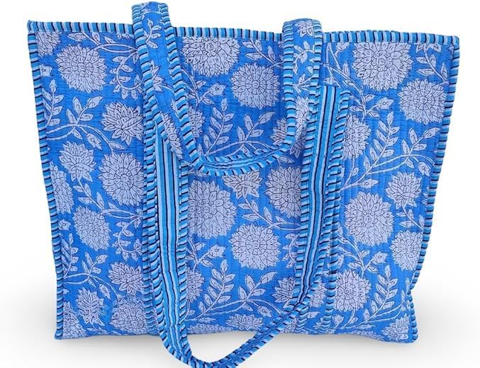 Cotton Floral Block Print Tote Bag Handmade Indian Shoulder Bag, Qiulted Market Shopping Bag