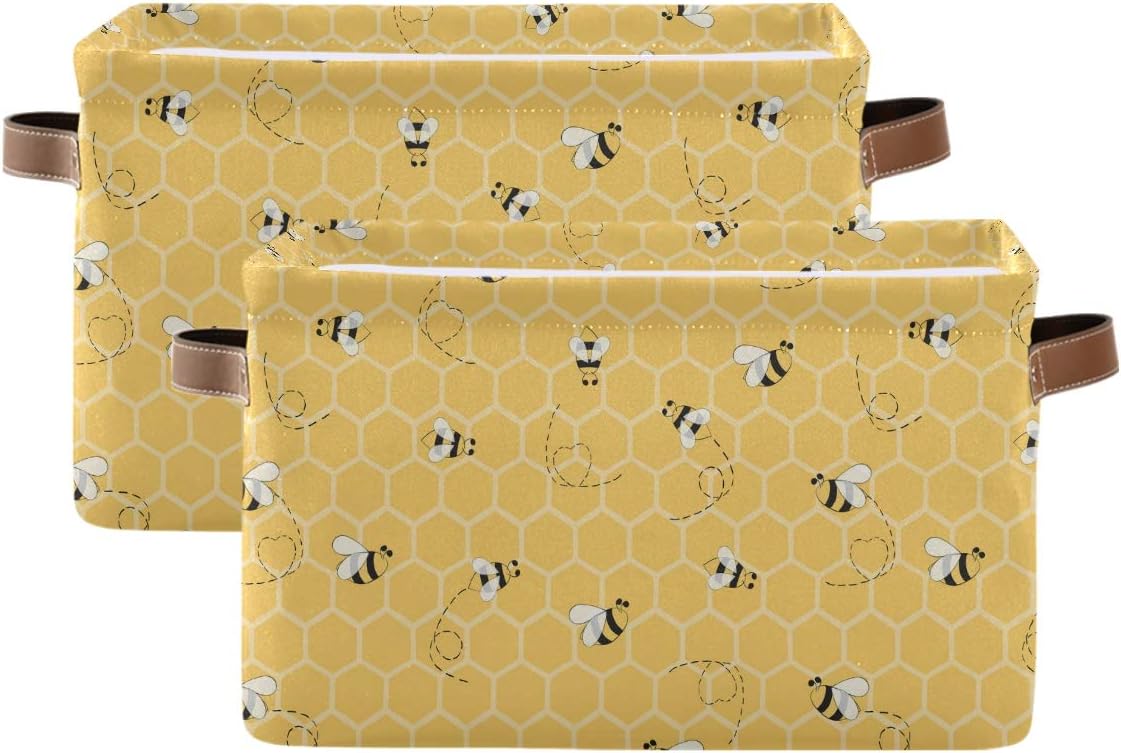 Storage Basket Cube Yellow Animal Bee Honey Comb Large Collapsible Toys Storage Box Bin Laundry Organizer for Closet Shelf Nursery Kids Bedroom,15x11x9.5 in,2 Pack