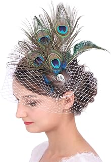 Feather Hair Clip with White Peacock Fascinator and Short Veil for Wedding, Prom, Festival, Party, 20s Flapper Headpiece for Women and Girls