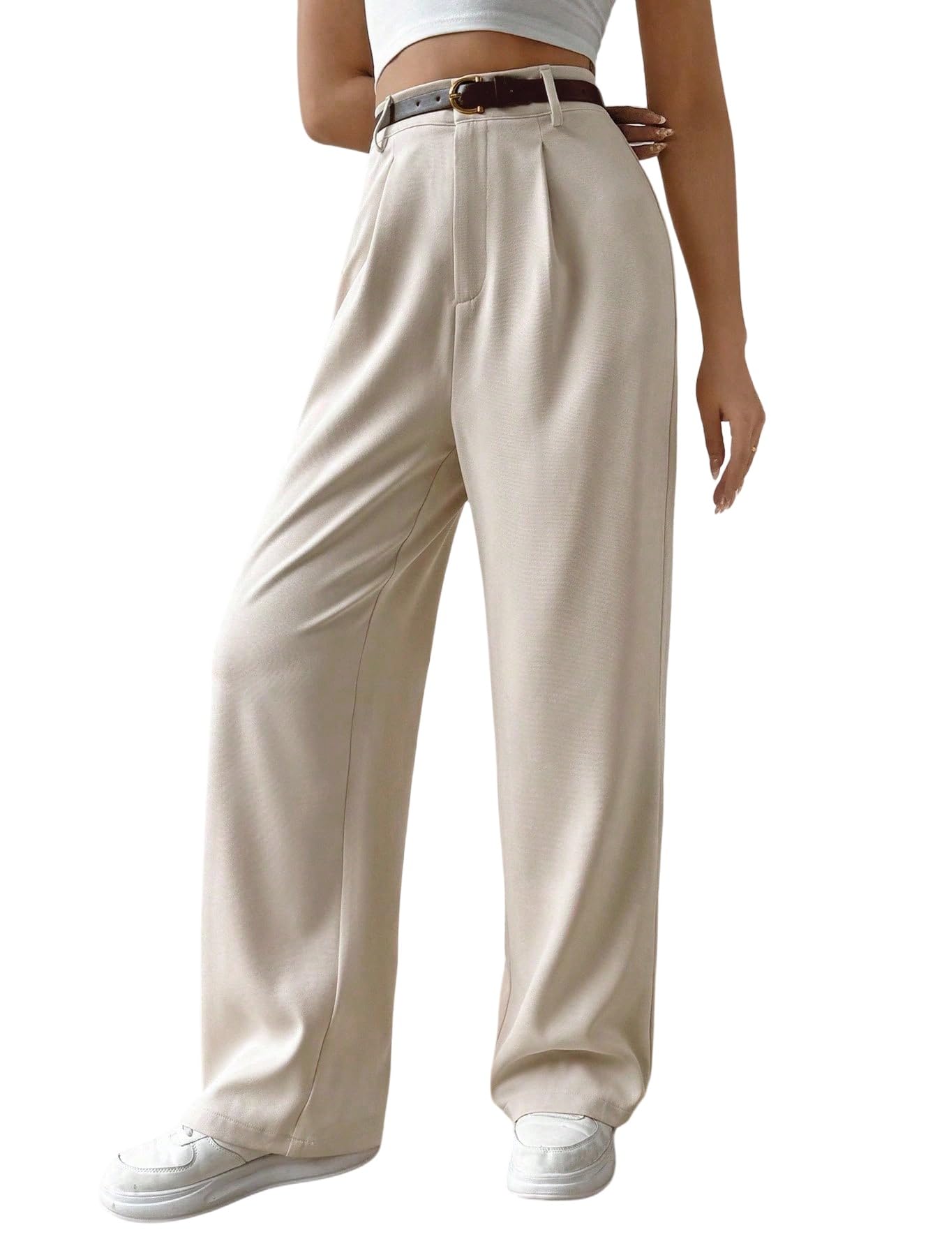 SOLY HUX Stoffhose Damen Elegant Marlenehose Anzughose Mit Gürtel Wide Leg Damenhose Mit Gummizug Bundfaltenhose Stretch Freizeithose