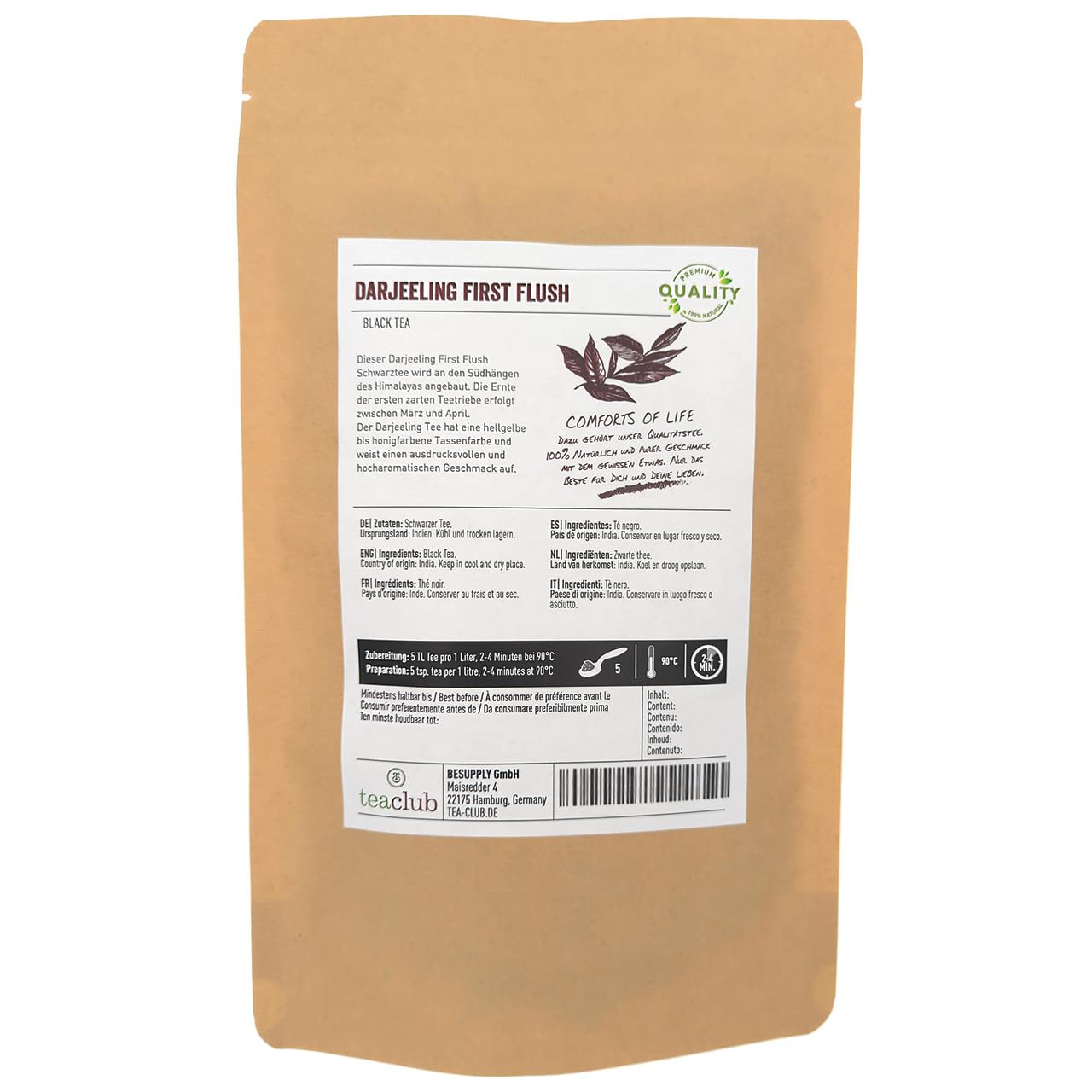 TeaClub Darjeeling First Flush Schwarzer Tee Lose 500g FTGFOP1, Black Tea | First Flush Darjeeling Schwarztee, Darjeeling Tee mit FTGFOP1 Blattgradierung, blumig-fein-herb, Himalaya, glutenfrei