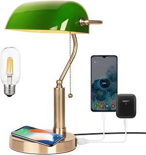 FIRVRE Lampara Escritorio Vintage, Lampara de Mesa de Cristal con Cargador Inalámbrico&2 Puertos de Carga USB, Lampara Sobremesa LED para el Hogar Oficina salon Estudio