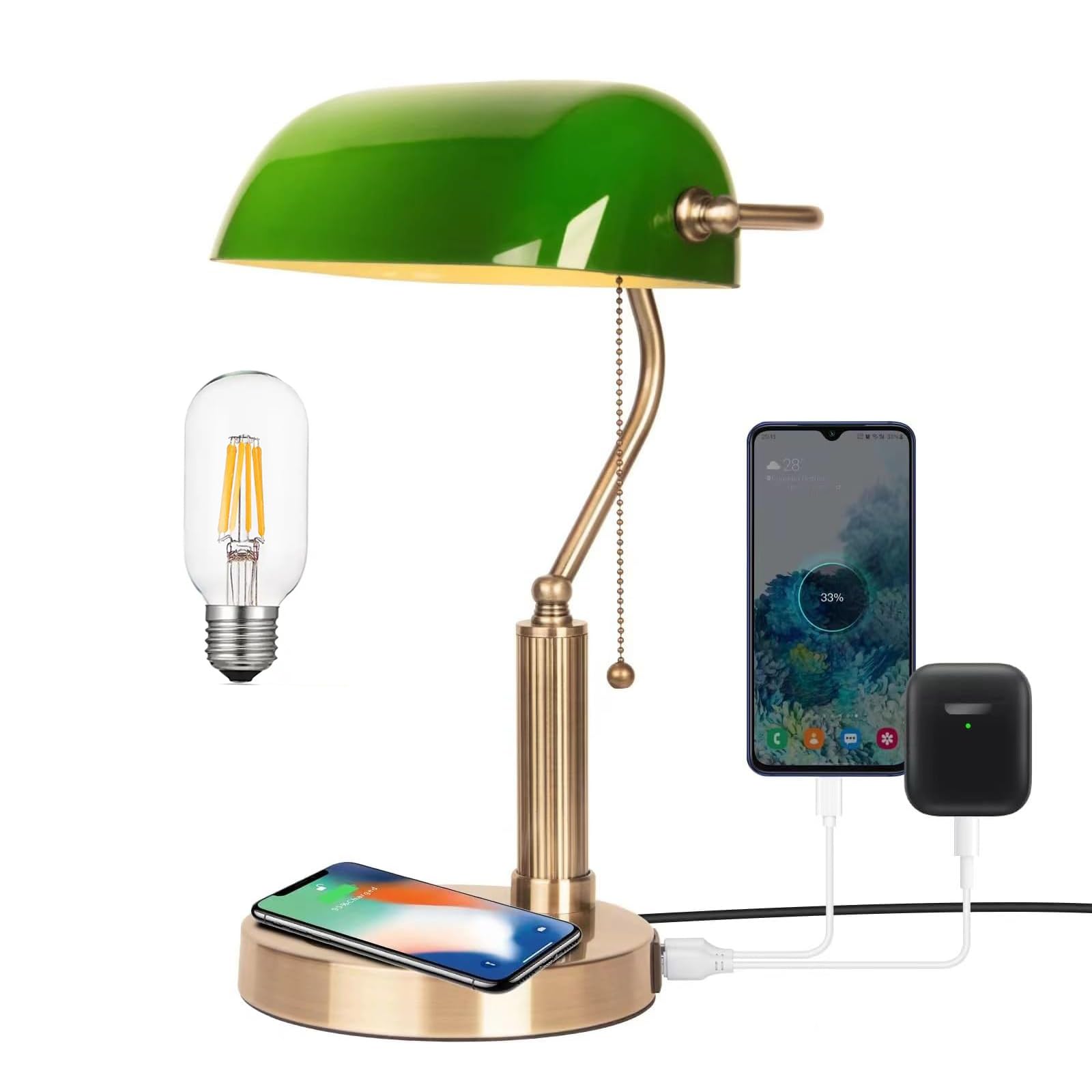FIRVRE Bankers, zielona szklana lampka na biurko, stolik nocny, lampka z bezprzewodowym ładowaniem, port USB, vintage, mosiądz, łańcuch ciągnący, przełącznik, klasyczna lampa stołowa do domu, biura