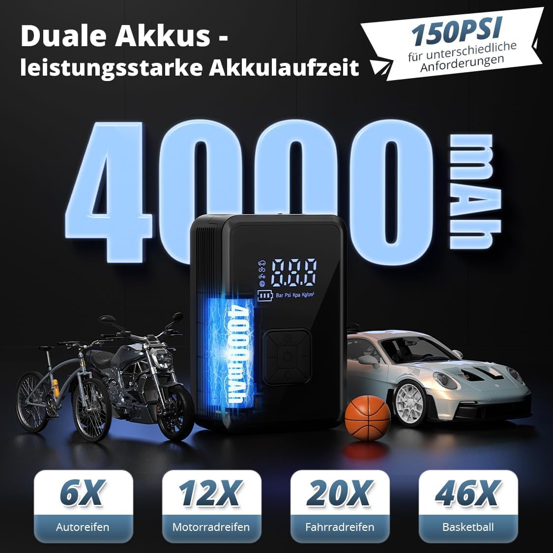 Oasser Elektrische Luftpumpe 150PSI Fahrradpumpe Akku Luftpumpe Tragbarer mit LED Licht für Auto Motorrad Fahrrad Ball Reise Camping