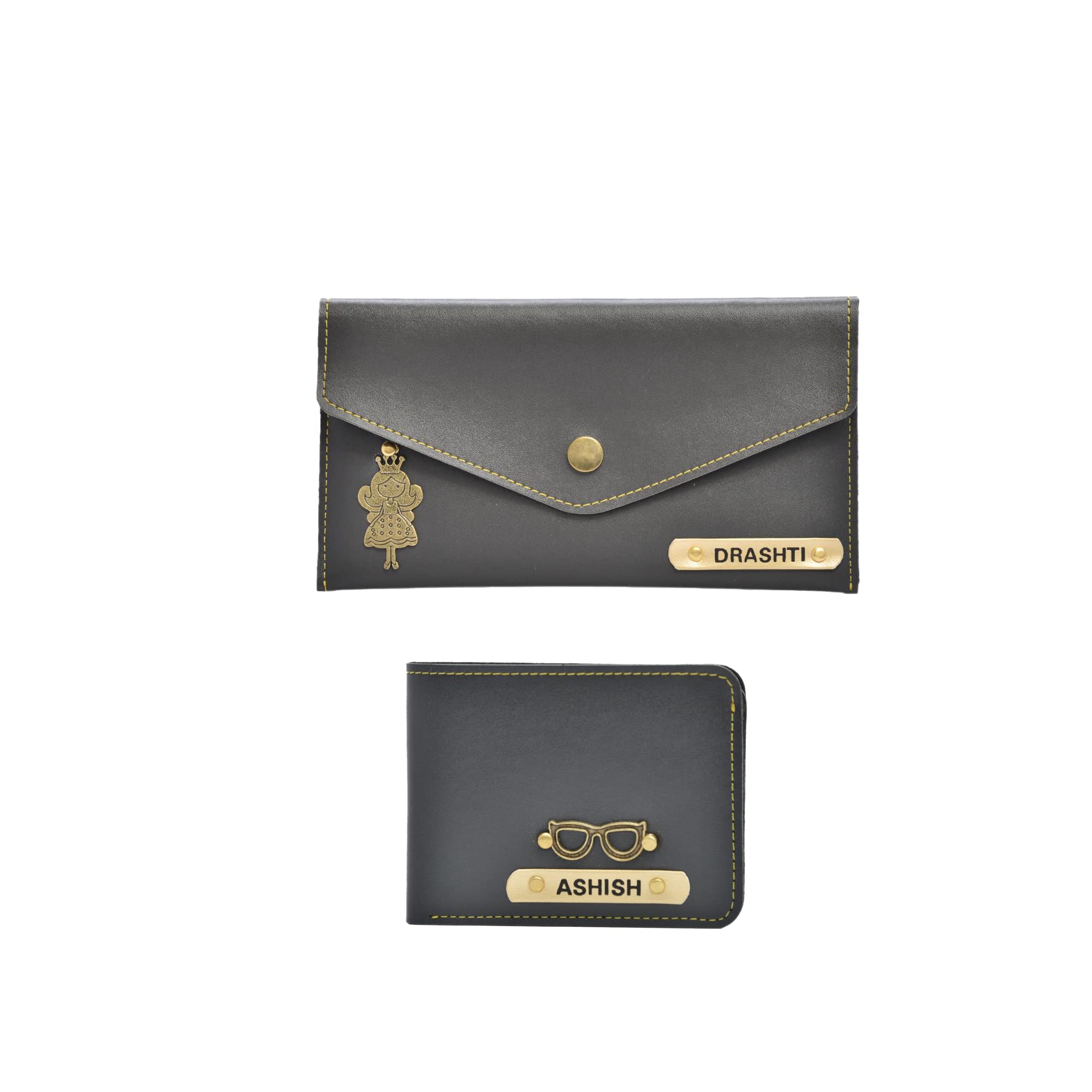 YOUR GIFT STUDIO Personalized Faux Leather Man & Women Stylish Wallet |Customized Unisex Couple Gift Combo (Grey)