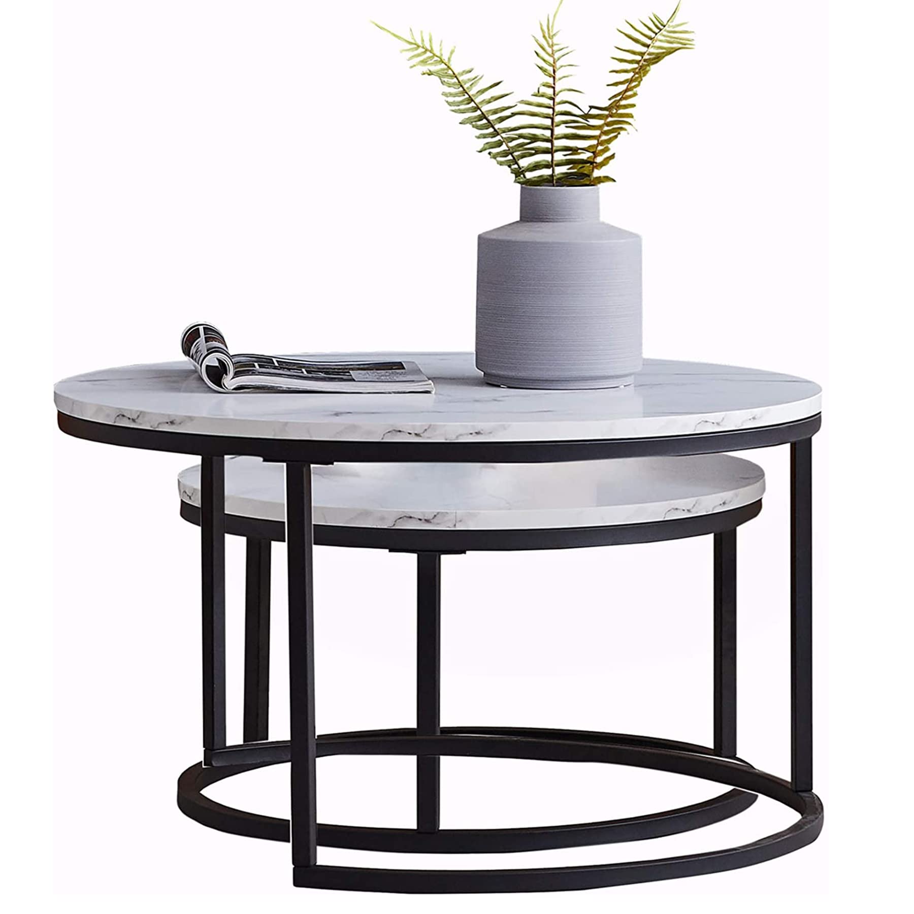 Lot de 2 Tables Basses Gigognes Blanc avec Cadre Doré ; Tables Basses Rondes Modernes pour Salon, Chambre, Balcon, Bureau. Grande: 80 * 80 * 45cm; Petite:60 * 60 * 35cm (Blanc+Noir)