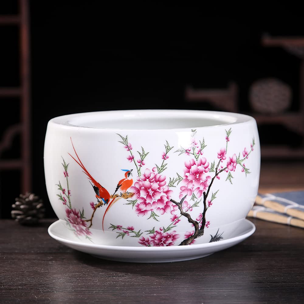 asdchZen Hand Painted Ceramic Plants China Style Flower Pot Indoor Outdoor Garden Use With Drip Tray Vase Chinese Classical Flower Pot Specialty,G-19 * 12CM