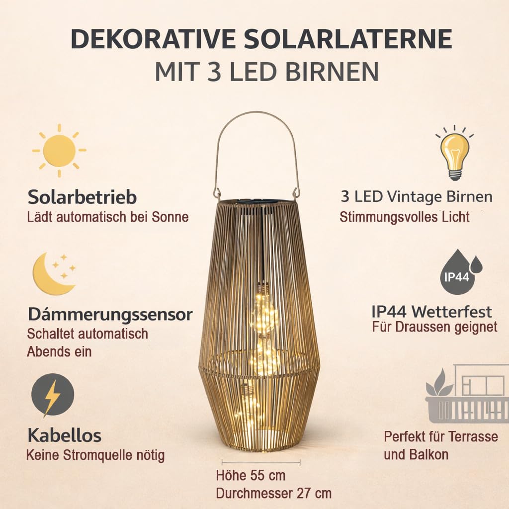 Formano Lanterne solaire d'extérieur 55 cm avec 3 LED, capteur crépusculaire, IP44, rotin