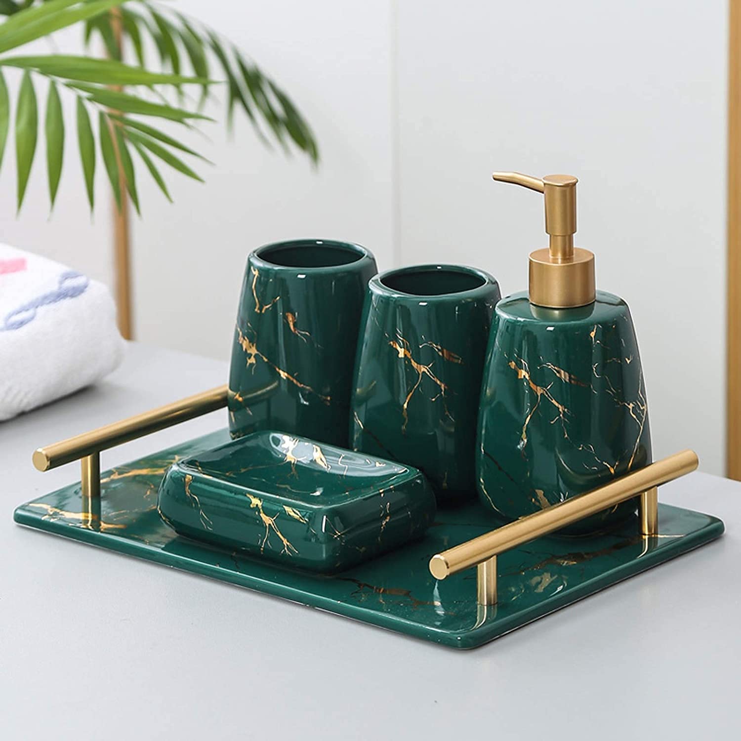 Set di dispenser di sapone liquido da bagno in ceramica moderna – Set di 4 dispenser di sapone liquido ricaricabile verde e nero per stanza delle polveri – Elegante kit dispenser per bottiglie a pompa