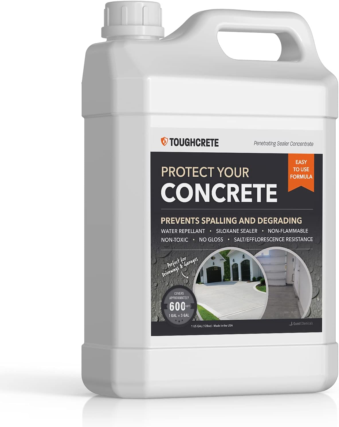 ToughCrete Concrete Sealer - 1 Gallon (Covers 600SqFt) - Concrete Sealant for Driveways, Garage Floors, Sidewalks, Patios, Paver and Other Concrete Surfaces