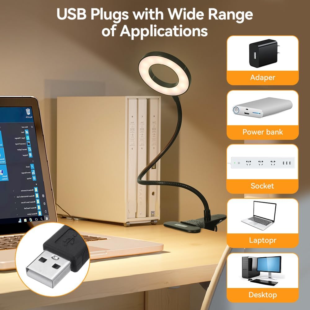 Skymore Desk Clip on Light, [3 Color Modes & 10 Brightness] LED Reading Light with Clamp, Flexible Gooseneck Book Light for Kids Reading Book in Bed, Headboard-Black
