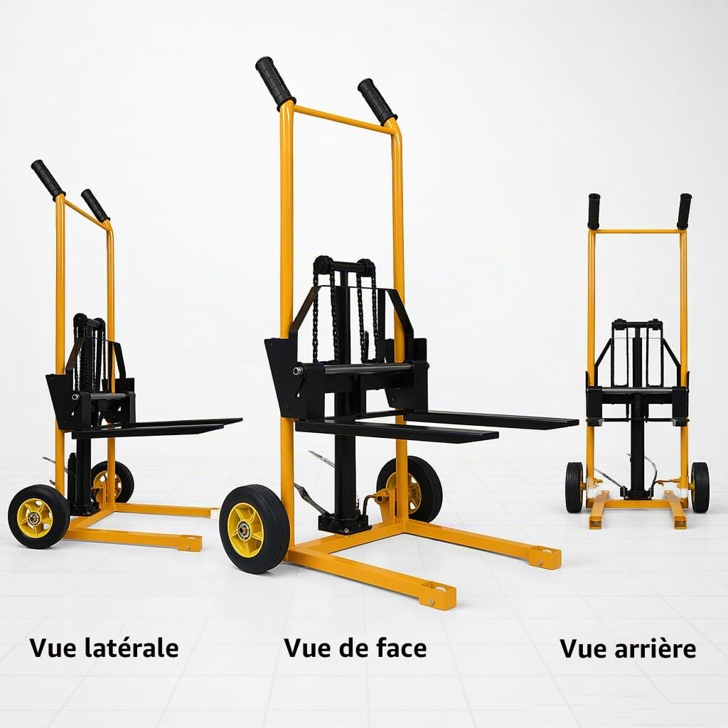 Transpalette Manuel Hydraulique 200 kg Empileur Gerbeur avec Fourches Réglables et Pieds Fixes Hauteur de Levage 90 cm Chariot Élévateur pour Atelier, Entrepôt, Magasin Matériel de Manutention