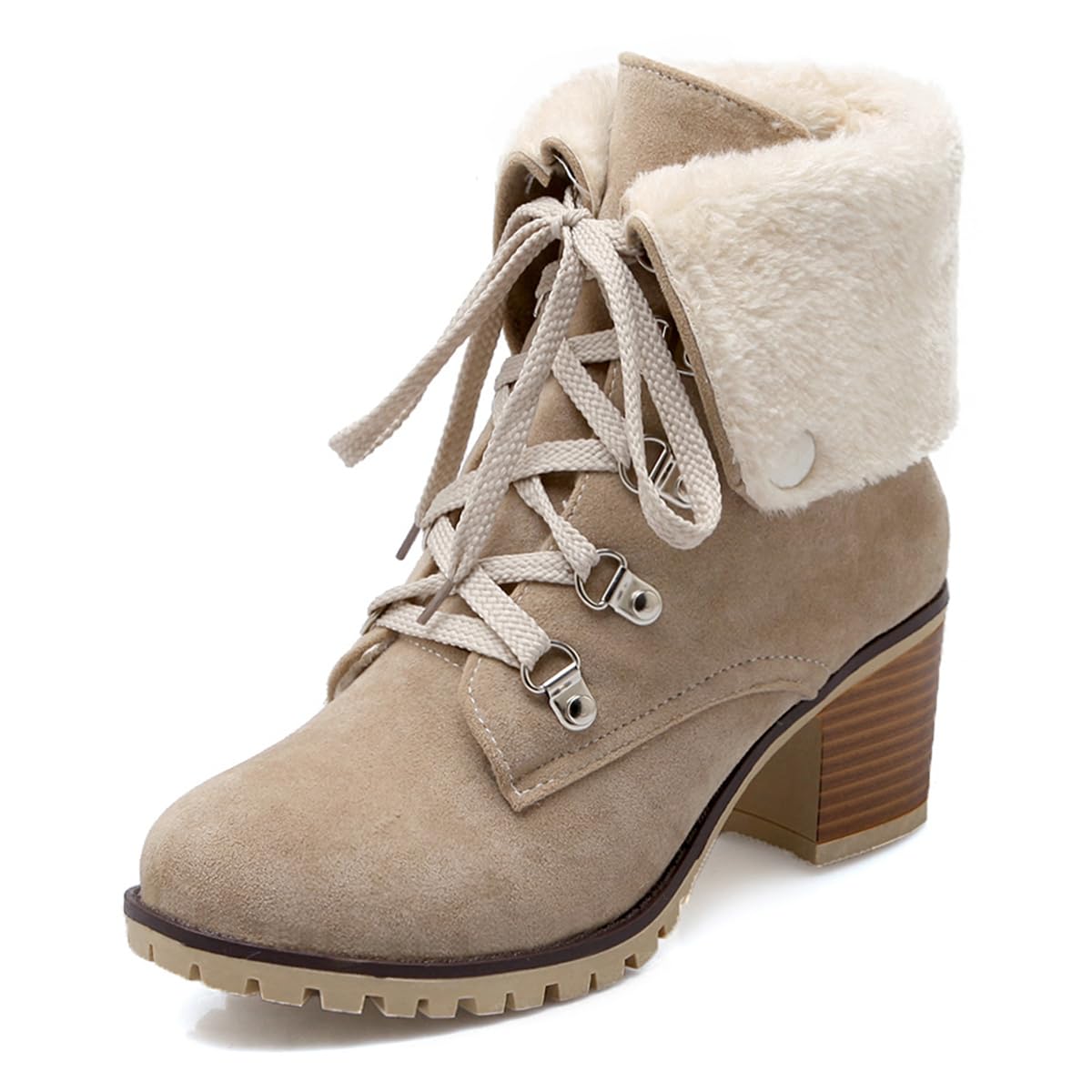 Womens Winter Fur Chunky Mid Heel Ankle Boots Round Toe Cuff Lace Up Warm Snow Dressy Short Booties