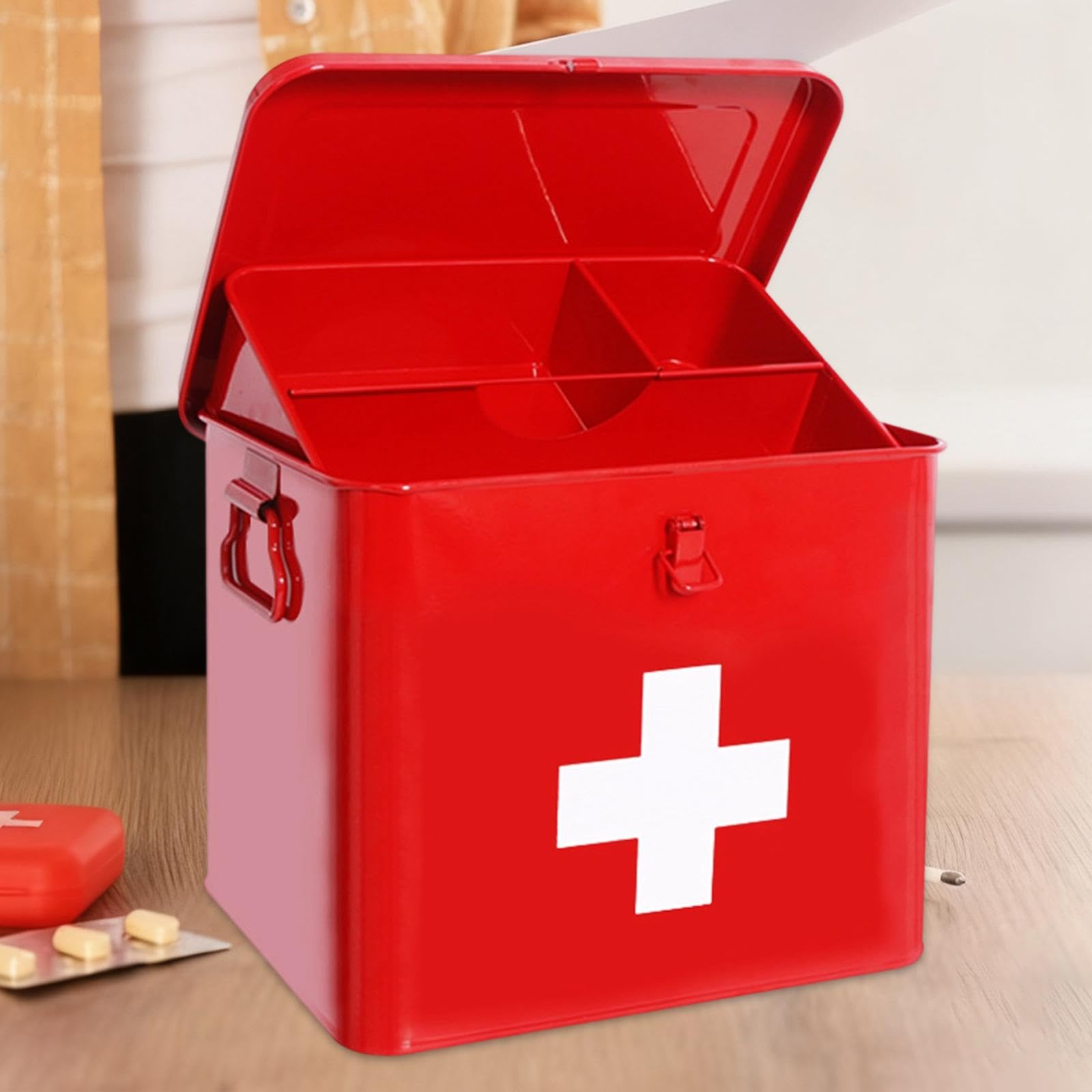 Erste Hilfe Aufbewahrungsbox Notfallkasten Metall Hausapotheke mit Herausnehmbarem Tablett Praktischem Tragegriff Und Sicherem Verschluss für Familie, Rot