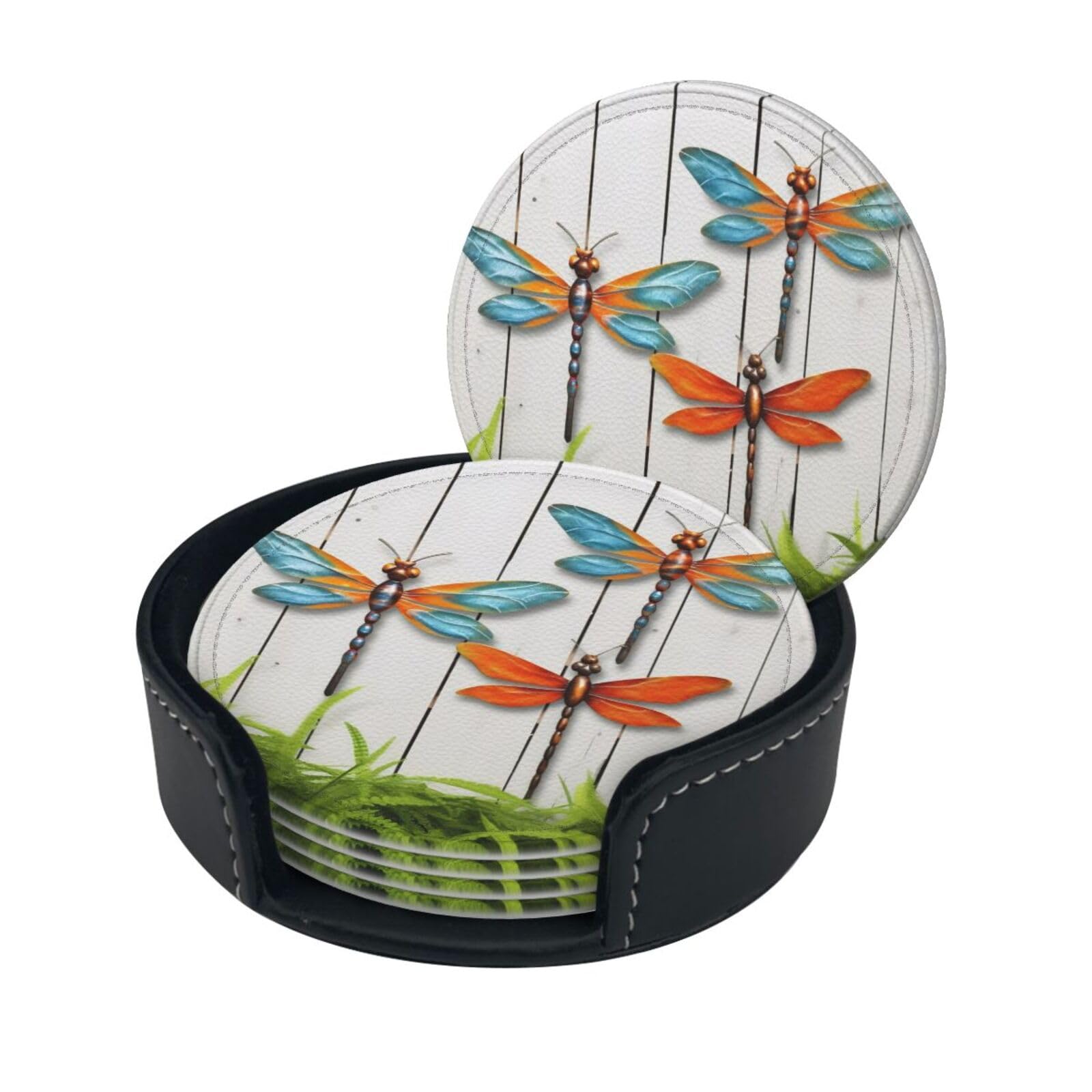 Stylish Coasters - Dragonfly Fence Set of 6 Round Leather Drink Coasters with Holder - Perfect Size for Cups and Glasses