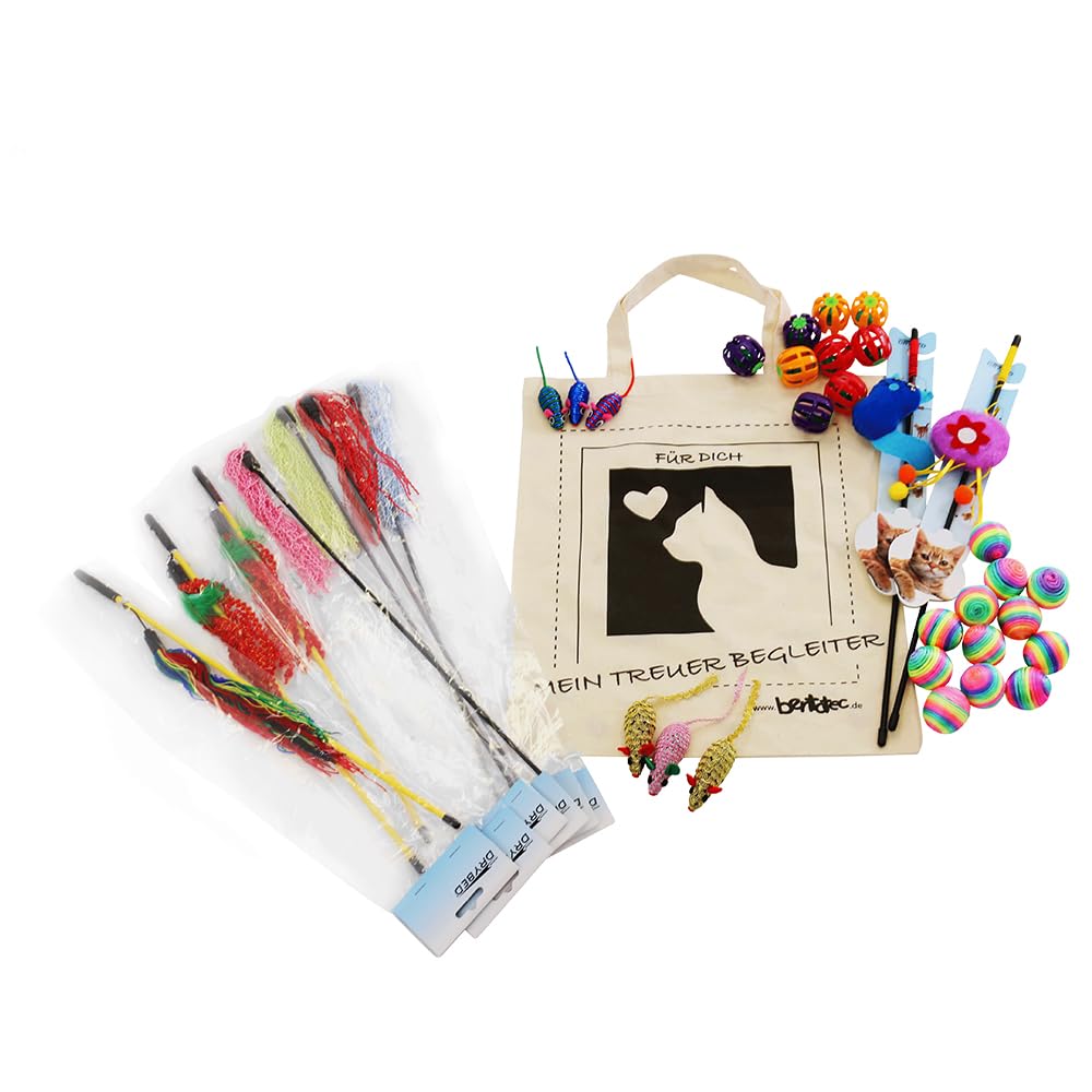 Bentatec 37-teiliges Katzenspielzeug Geschenkset mit Tasche – Inklusive Bälle, Mäuse, Katzenangeln mit Federn und Glöckchen – Perfektes Spielzeug-Set für aktive Katzen