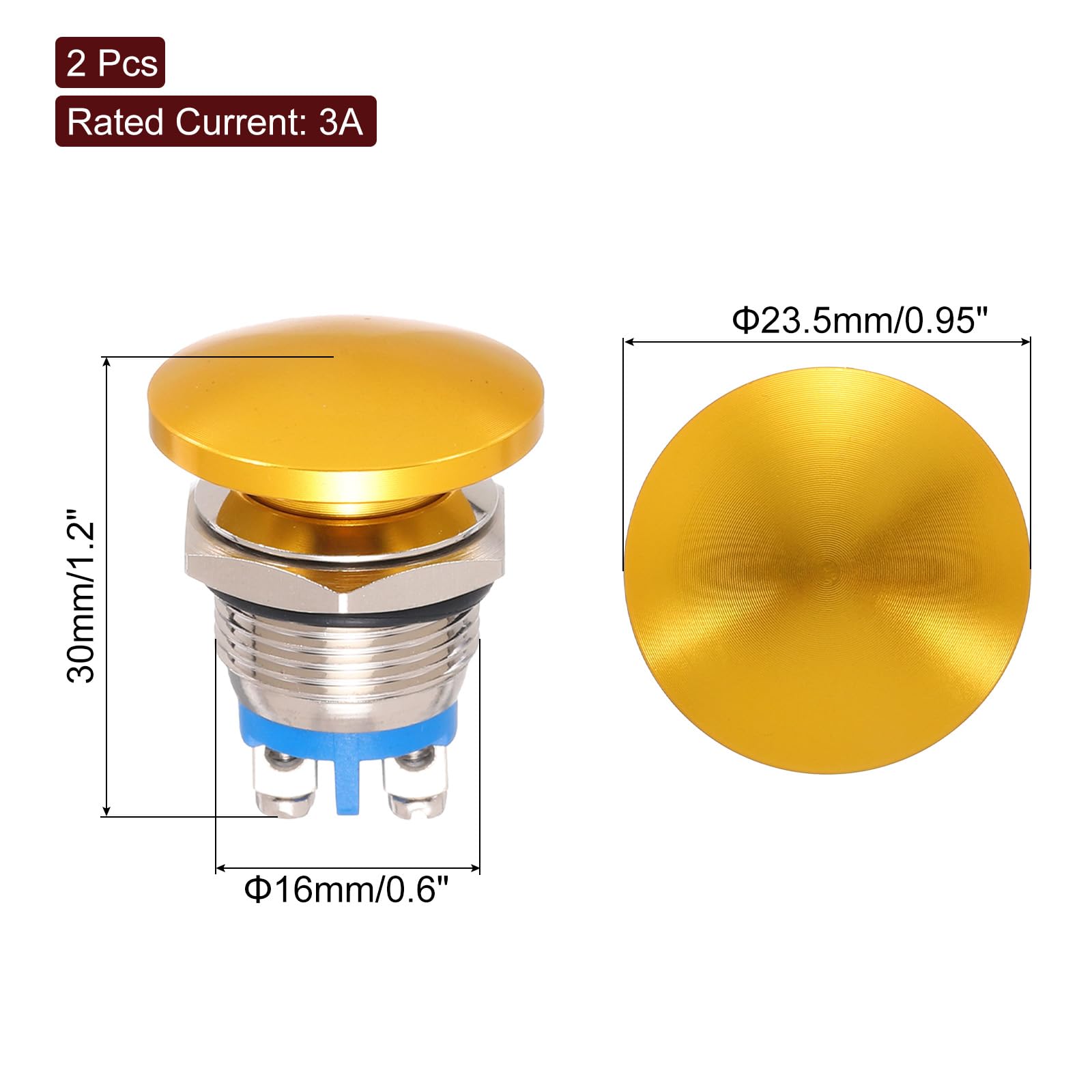 METALLIXITY 2PCS 3A 16MM 5/8" Momentary Mushroom Head Push Button Switch 12V 24V 120V 250V AC Gold 1NO Waterproof IP65 SPST Domed Round 2 Screw Foot Button Switch - Image 2