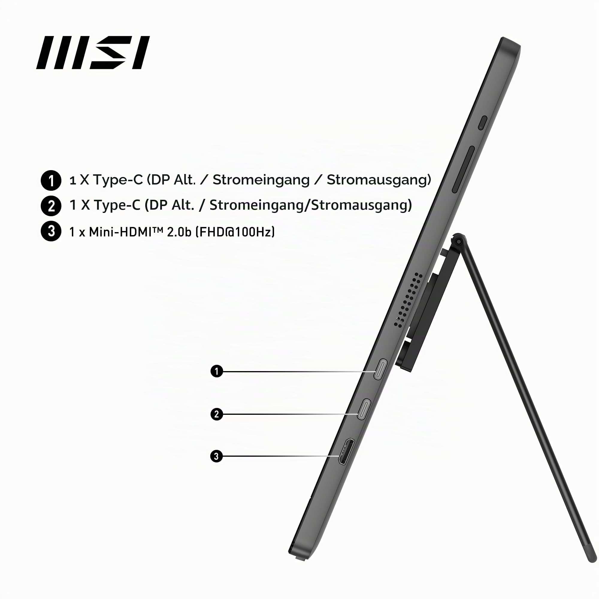 MSI PRO MP161 E2U 15,6 Zoll Full HD Portabler Monitor - 1920x1080 IPS, 60Hz, augenschonend, für PC, Laptop, Mobil, Lautsprecher, verbessertes Gehäuse & Kickstand, Mini-HDMI 2.0b, 2 x USB Type-C