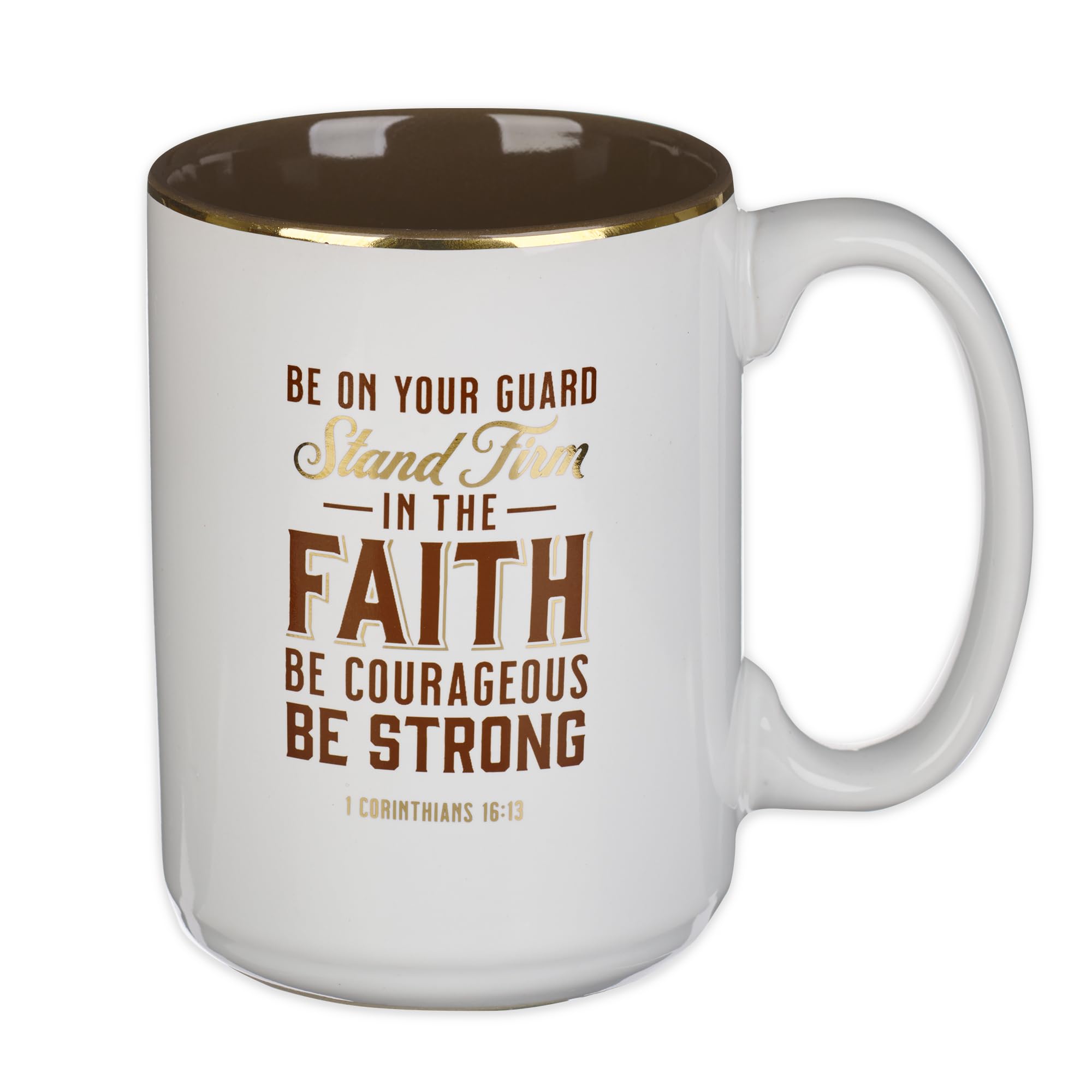 Christian Art Gifts Large Ceramic Scripture Coffee & Tea Mug for Men: Stand Firm in the Faith - 1 Cor. 16:13 Inspirational Bible Verse, Non-toxic & Lead-free Novelty Drinkware White/Brown/Gold, 14 oz.