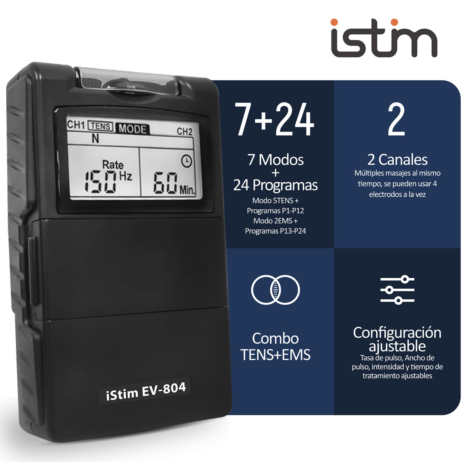 iStim EV-804 TENS/EMS Electroestimulador Muscular– Unidad Digital de 2 Canales con 8 Electrodos Reutilizables, Portátil para Alivio del Dolor, Rehabilitación, Terapia Física y Fortalecimiento Muscular