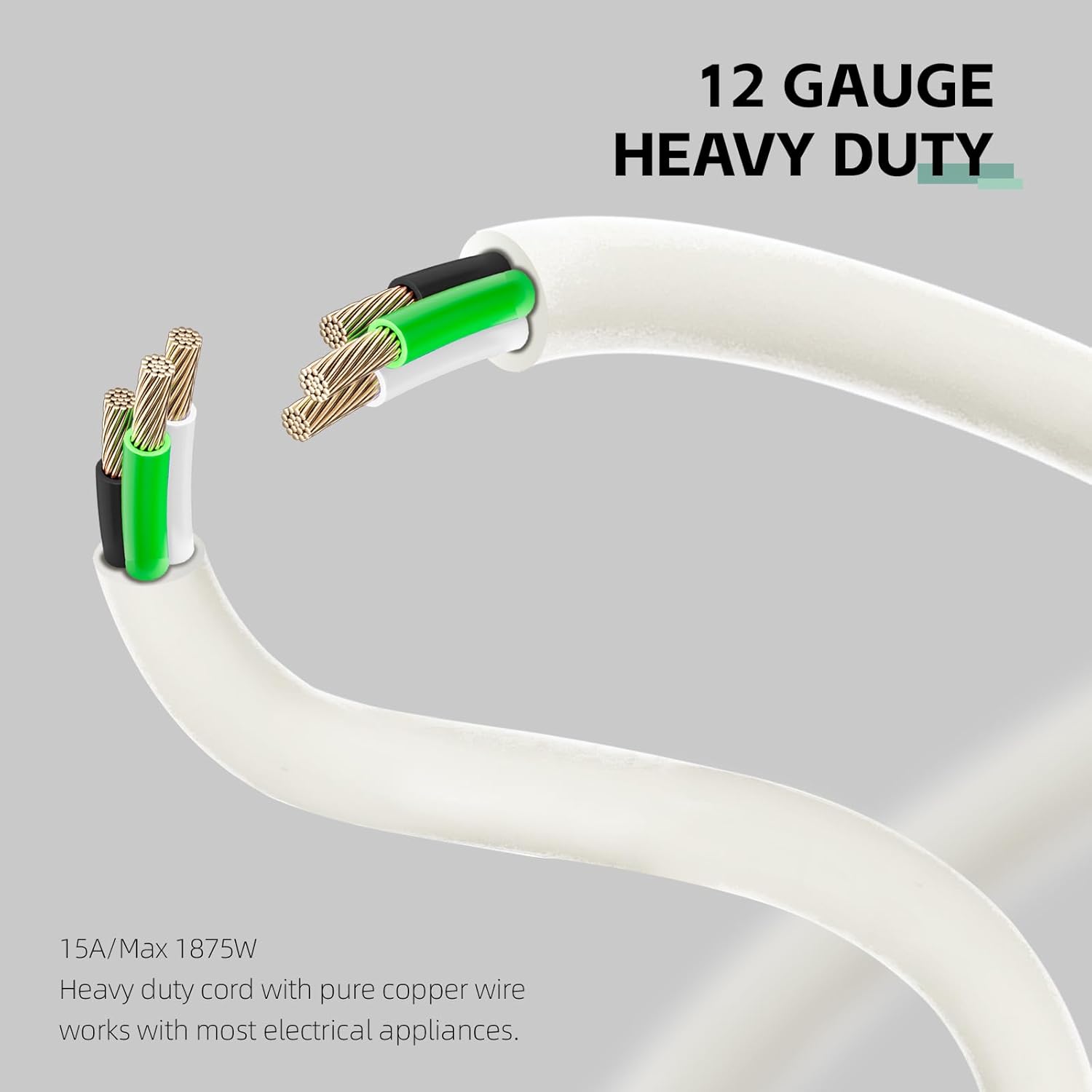 12 Ft Outdoor Extension Cord - 12/3 SJTW Heavy Duty White Extension Cable with 3 Prong Grounded Plug - Power Cord for Lawn, Garden, Appliances