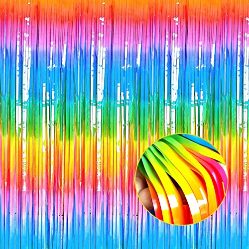 Image of 4 Pack Macaron Dark Rainbow Foil Fringe Curtain Backdrop, 3.28Ft x 8.2Ft Colorful Streamers Curtains for Party, Photo Booth Props, Birthday, 2022 Mother's Day Decoration Supplies