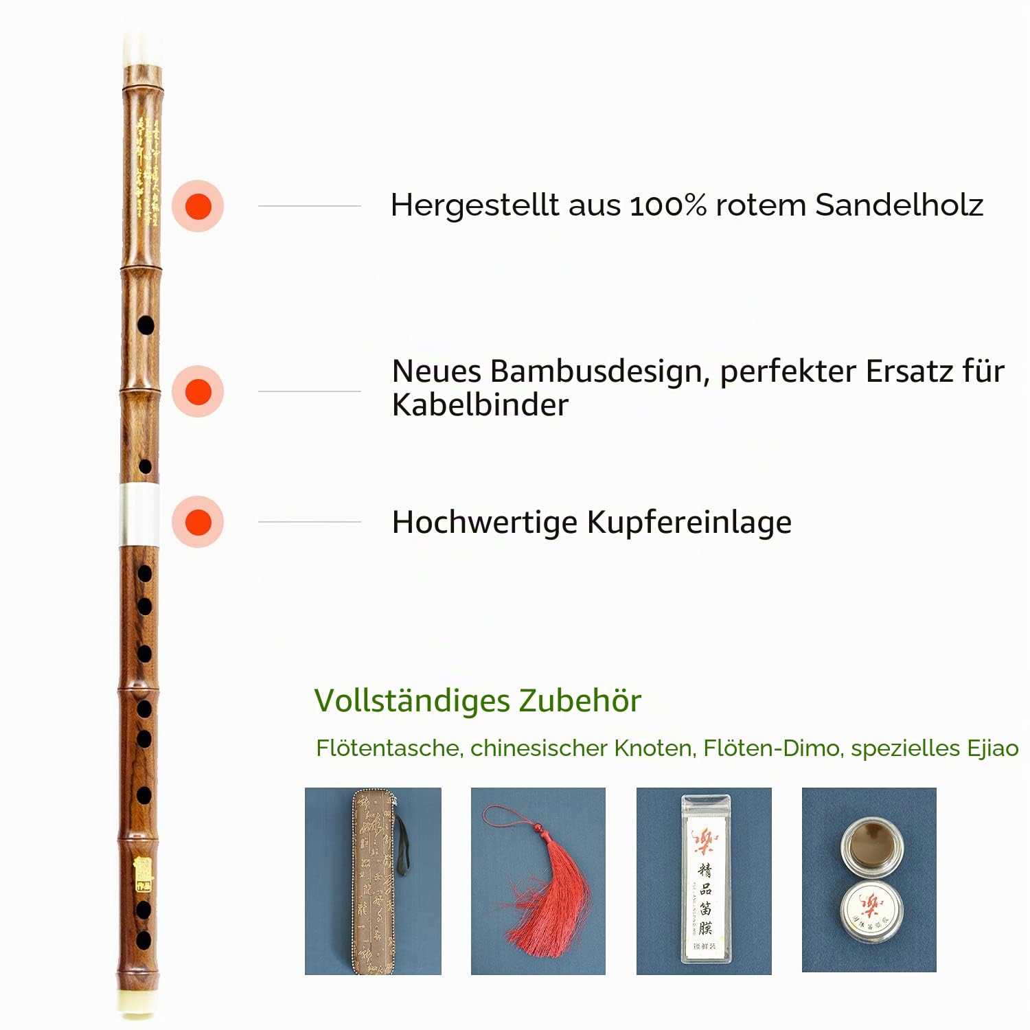 Professionelle Flöte C-Key-Dizi für Anfänger mit kostenloser Membran und Klebstoff-Set, traditionelles chinesisches rotes Sandelholzinstrument (C-Schlüssel)