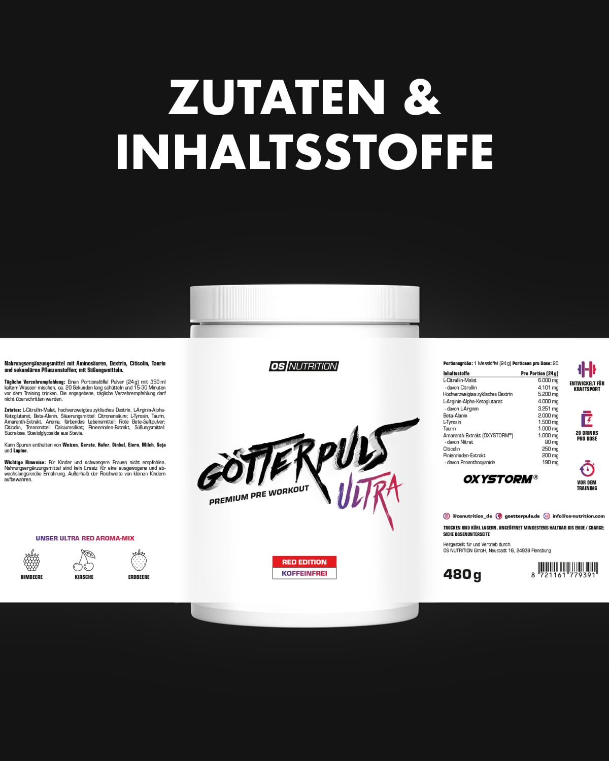 Götterpuls ULTRA Pre Workout (koffeinfrei) 480g Pulver RED EDITION | L-Citrullin, OXYSTORM, Citicolin & Cyclic Dextrin – Vegan – 480g Pulver – 20 Portionen – Himbeere-Kirsche-Erdbeere