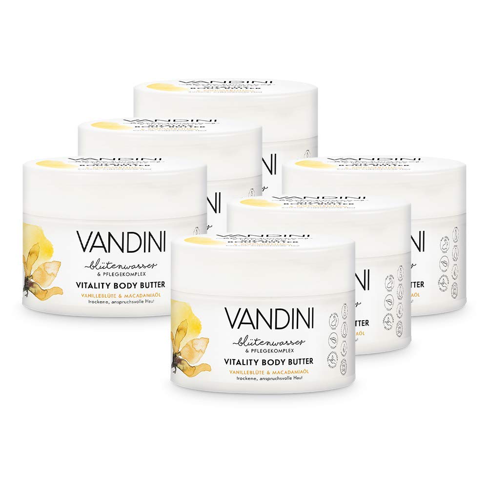 VANDINI Vitality crema corporal con flor de vainilla y aceite de macadamia - crema facial y para el cuerpo para pieles normales a secas - Crema hidratante vegana 6x 200 ml