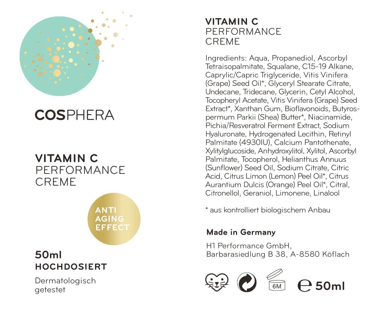 Cosphera® - Krem z witaminą C Performance 50 ml – z kwasem hialuronowym – wegański krem na dzień i na noc, wysoka dawka do twarzy, szyi, oczu – przeciwzmarszczkowy zabieg nawilżający dla kobiet i