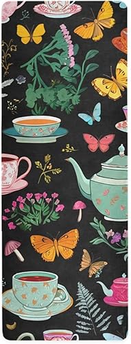 Vintage Tea Sets Pattern Yoga Mat with Bag Included, Non Slip Fitness Workout Mat, Foldable Suede Rubber Yoga Mat for Yoga Pilates and Fitness,