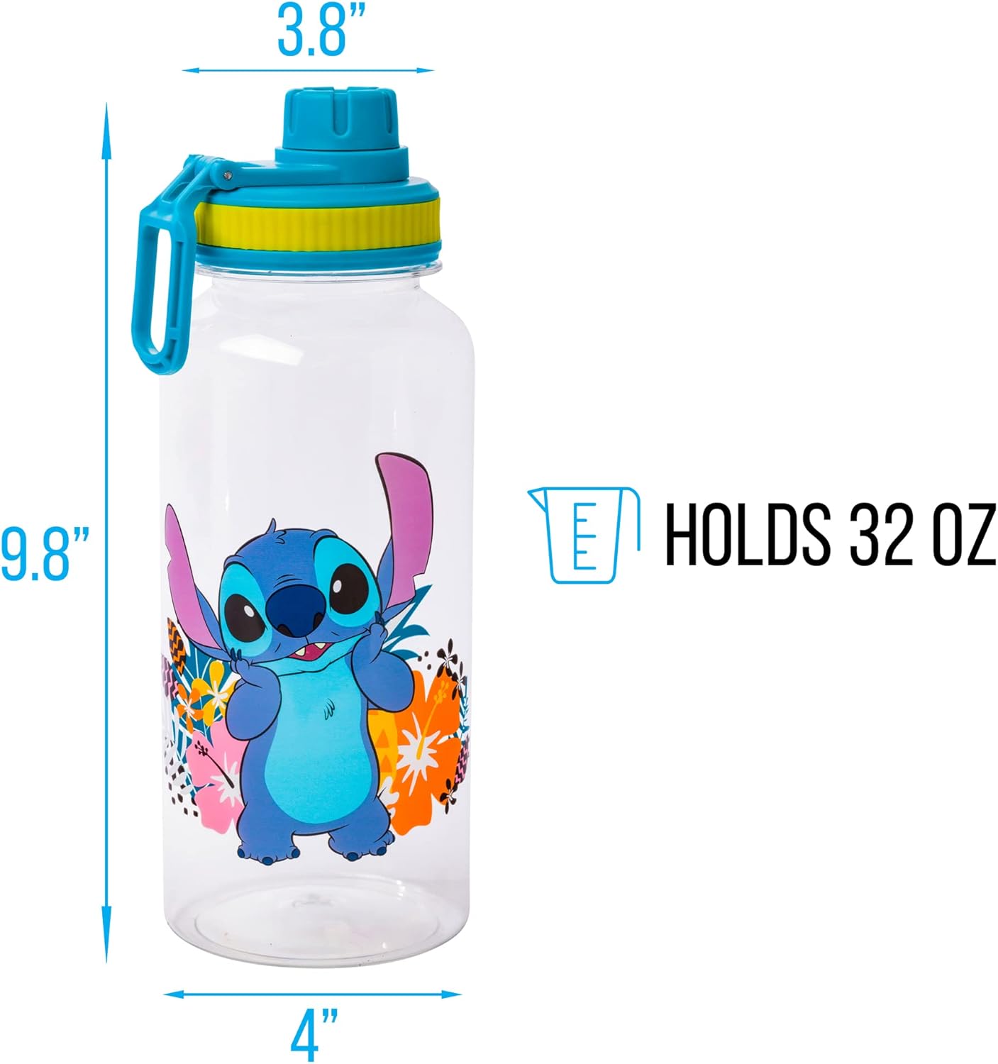 Silver Buffalo Lilo and Stitch - Botella de agua de plástico con diseño de flores tropicales con calcomanías You Stick Yourself, 32 onzas