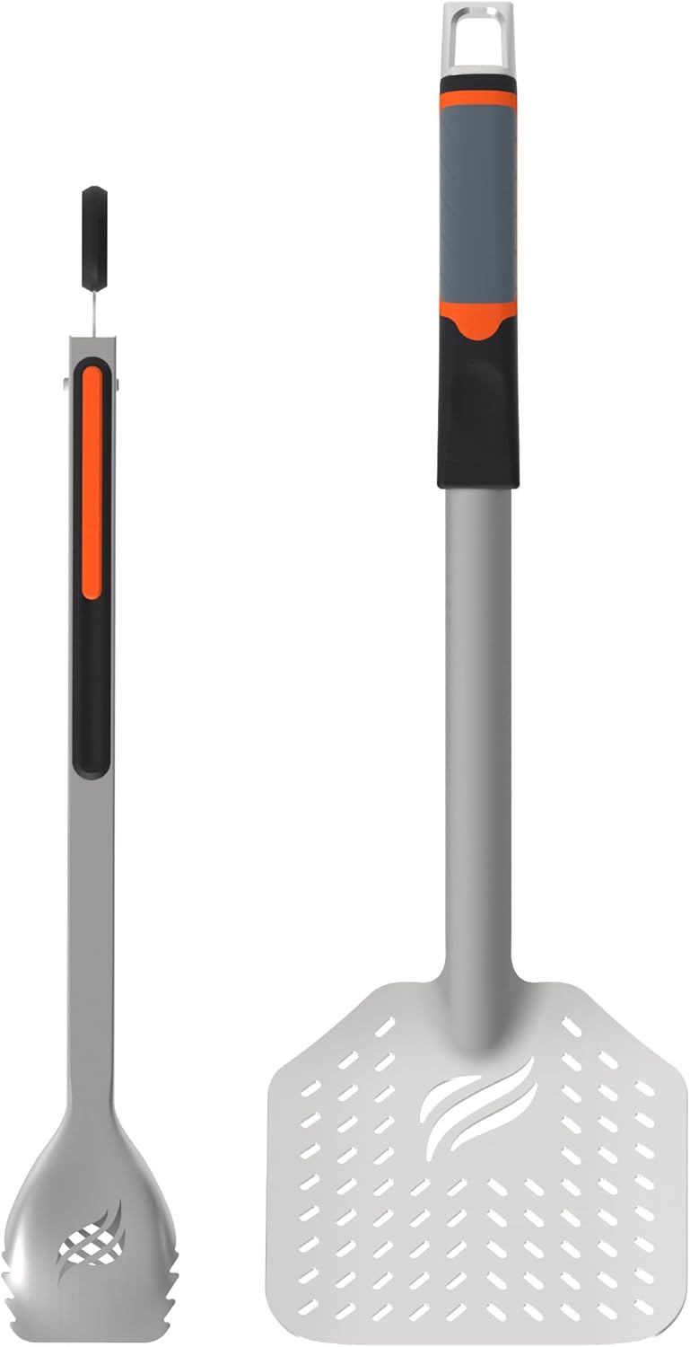BLACKSTONE 5282 Frying Tongs and Skimmer Spatula Set for Barbeque and Grilling 1 Long Handled Tong with Square Hang Loop, 1 Large Slotted Air Fryer Basket Scoop, Stainless Steel, Silicone Grip
