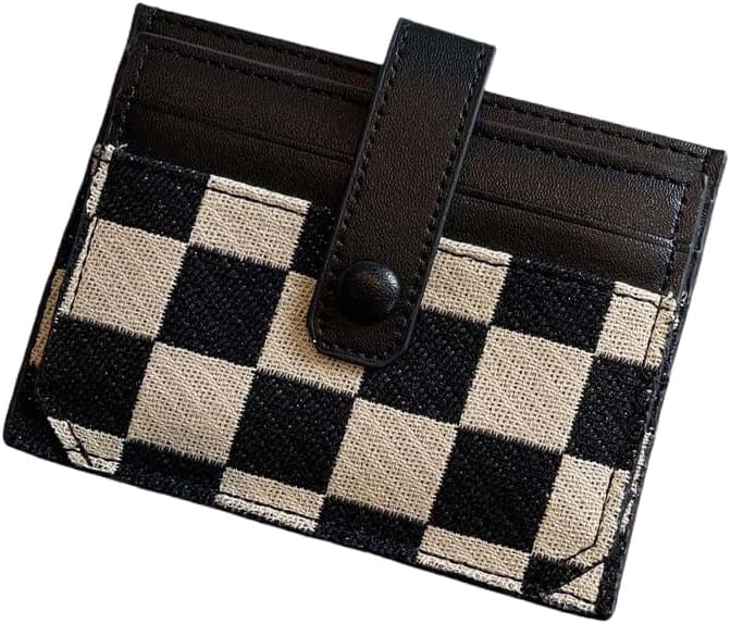 Women's Colorblock Plaid Pattern Compact Wallet, Colorblock Plaid Pattern Short Wallet, Multi-card Slot Black and White Plaid Credit Card Holder, Canvas Card Holder Wallet with ID Window (Black)