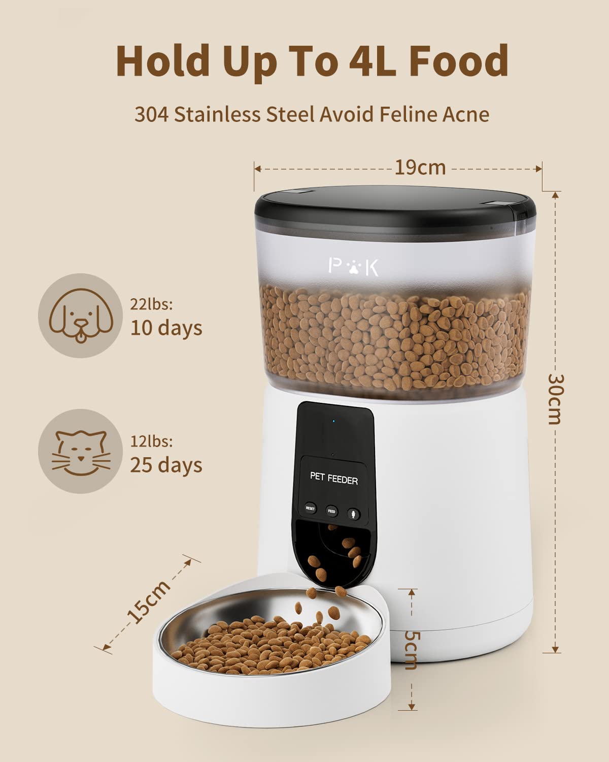 PUPPY KITTY Comedero Gato Automatico, 2.4G WiFi 4L Dispensador Comida Gatos con Bol de Acero Inoxidable, App Control, Grabación de Voz 10S, 1-10 Comidas