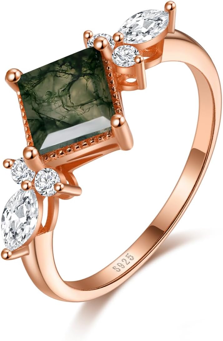 Natural Moss Agate Ring 925 Sterling Silver Rose Gold Engagement Promise Ring for Women Jewelry Gifts (6, Rose Gold)