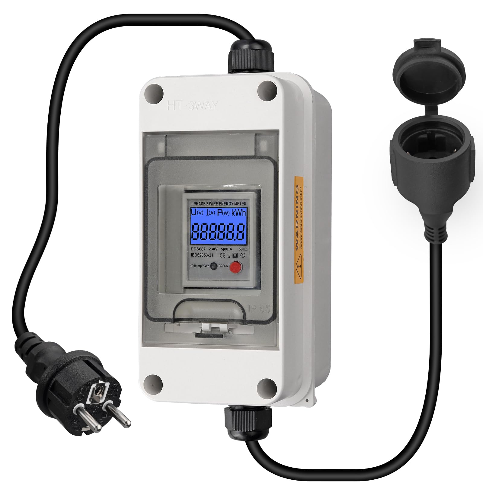 EYPINS Mobilny cyfrowy licznik prądu 80 A, 230 V, outdoorowy, mobilny miernik KWH, wodoszczelność IP65, przenośny licznik prądu LED z resetem, wtyczka SK, sprzęgło SK, do samochodów kempingowych