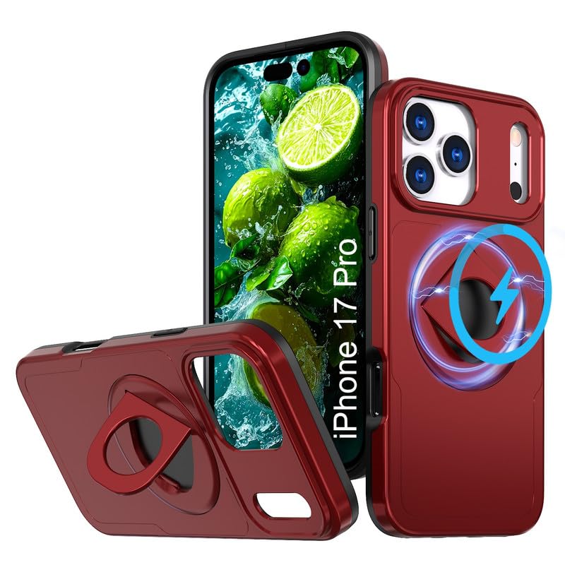 LuxuryKase Shockproof Rugged Back Cover for iPhone 17 Pro | Heavy Duty Armor Case | Mag-Safe Compatible | 360° Ring Holder | Finger Ring Kickstand | Drop Protection - Red