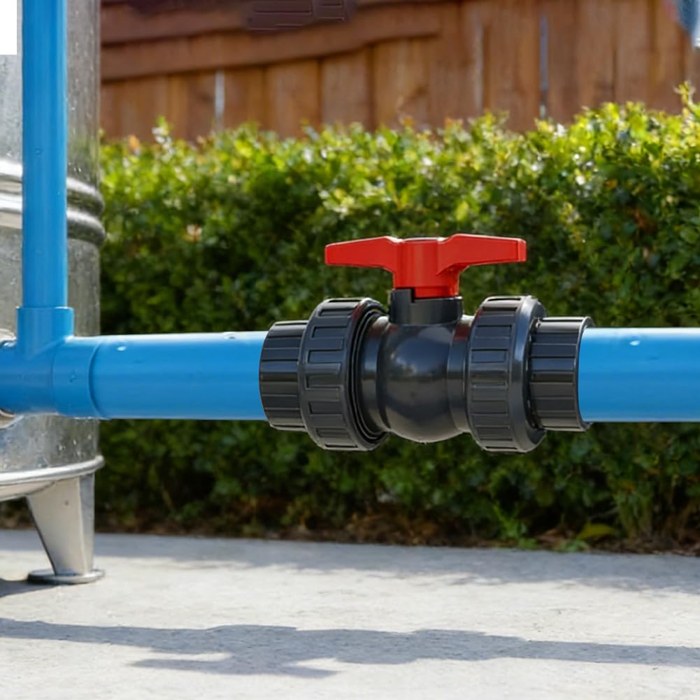 Robinet à boisseau sphérique de 50 mm avec raccord de tuyau – Kit robinet d'arrêt de piscine en PVC | Comprend 1 robinet d'arrêt 1 1/2", 2 raccords de tuyau de piscine 32-38 mm, 4 colliers de serrage
