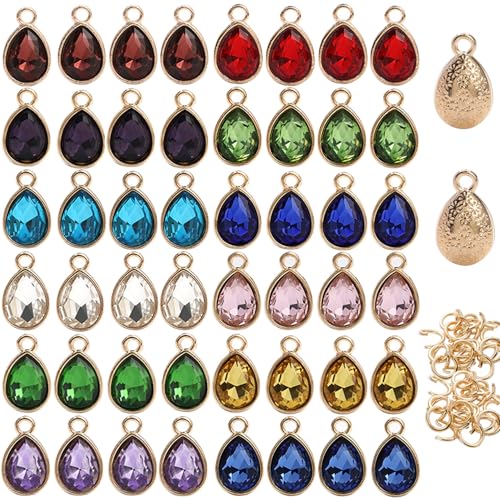 VTOS Glass Rhinestone Charms 48 Pcs 12 Colors Gold Back Teardrop Birthstone Beads Crystal Dangle Water Drop Pendants for Jewelry Making Earrings Necklace Bracelet 7 * 10MM
