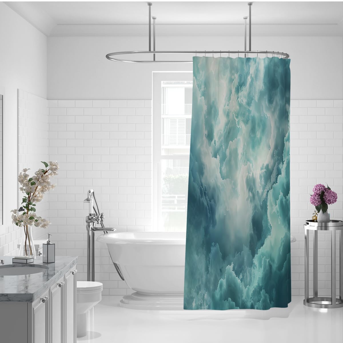 Moderne abstrakte Wolken-Duschvorhang Minimalistisch blassgrünes Badezimmer-Duschvorhang Kreativ-Schicke Badedekoration Wasserdichtes Polyester 200 x 220 cm
