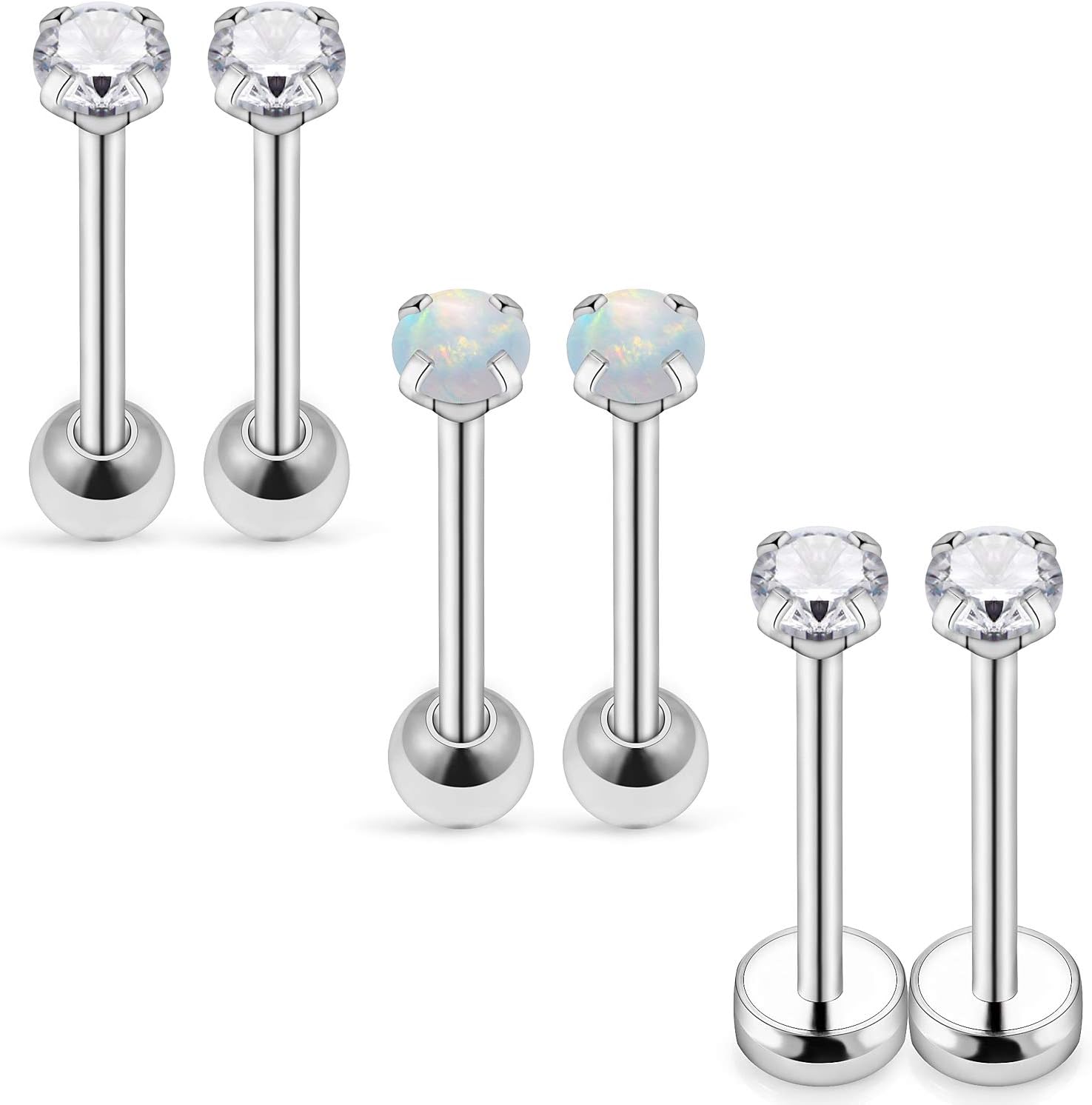 Yaalozei18G & 20G Screw Back Earrings - Hypoallergenic Stainless Steel Studs with Cubic Zirconia for Women & Men