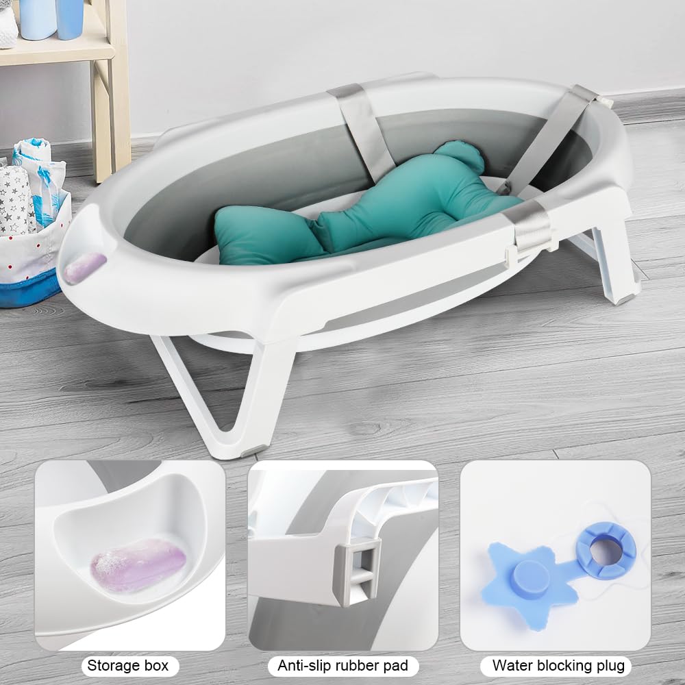 Składana wanna 2 w 1 z przenośnym otworem drenażowym i podstawką 85 cm, wanna z poduszką kąpielową dla dzieci, wanna na nogach z tworzywa sztucznego PP+TPE (szara 80 x 47 x 22 cm + 85 cm)